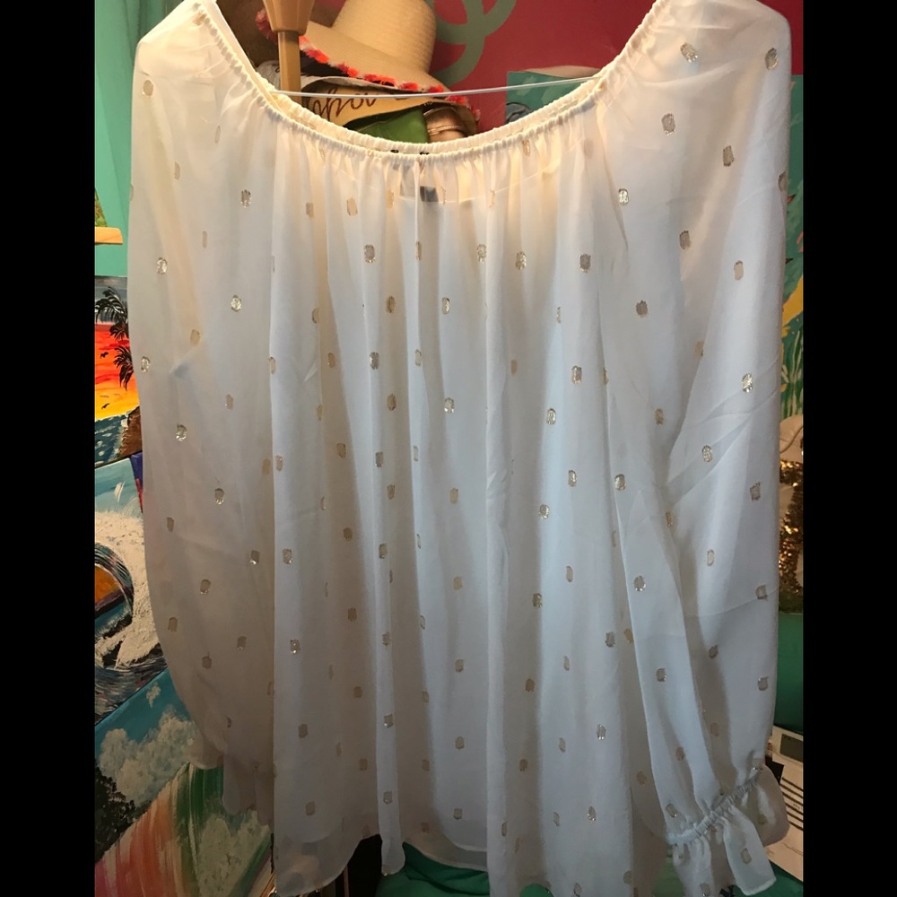 Talbots White Blouse with Gold Dot Accents